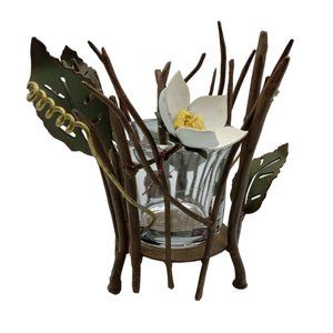 Vintage Figi Graphics Metal Sculpted Floral Votive Candle Holder, Glass Insert,